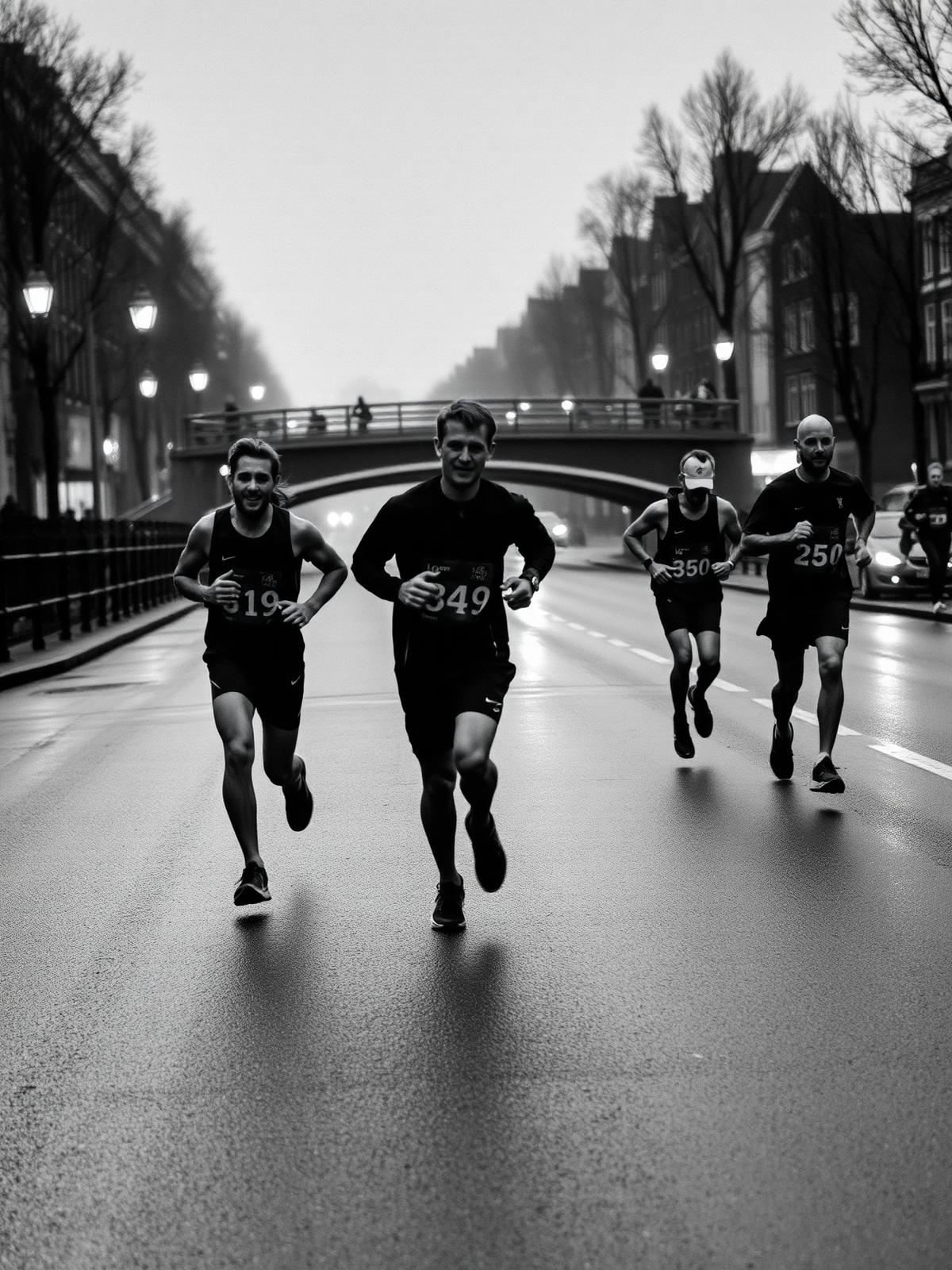 Athletes running together through Amsterdam streets at dawn